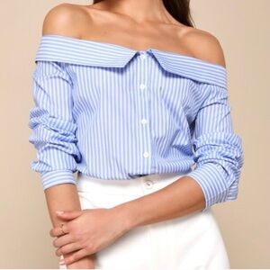 Lulu's Blue and White Striped Off-Shoulder Button-up Shirt